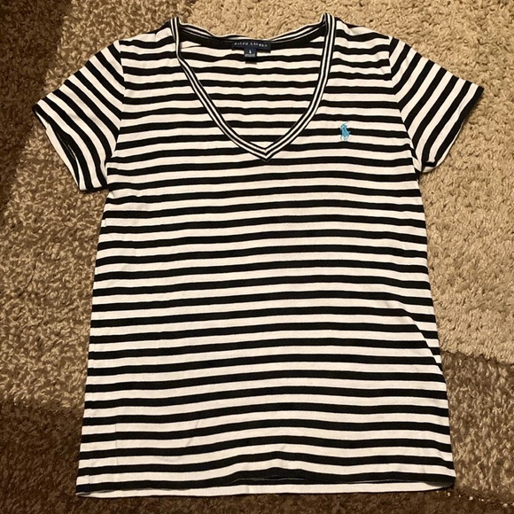 Ralph Lauren black and white striped tee with blue logo. - Picture 1 of 5